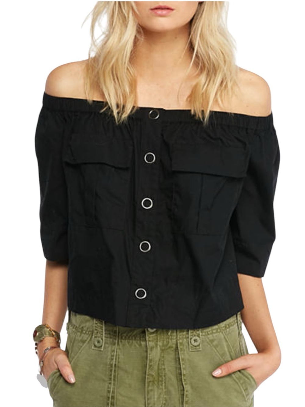 Free People Head Over Heels Off-the-Shoulder Black Top -Size XS